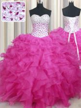 Low Price Halter Top Hot Pink Ball Gowns Beading and Ruffles Quinceanera Gown Lace Up Organza Sleeveless Floor Length
