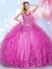  Tulle Halter Top Sleeveless Lace Up Beading and Appliques and Ruffles Quinceanera Gowns in Hot Pink