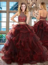  Halter Top Sleeveless Brush Train Beading and Ruffles Backless Quinceanera Gowns