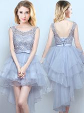 Elegant Grey Lace Up Scoop Lace and Ruffles and Belt Court Dresses for Sweet 16 Organza and Lace Sleeveless