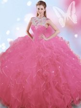  Floor Length Ball Gowns Sleeveless Rose Pink Quince Ball Gowns Zipper