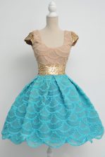 Popular Scoop Lace Sequins Prom Evening Gown Blue Zipper Cap Sleeves Knee Length