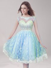 Admirable Scoop Sleeveless Backless Prom Dresses Light Blue Lace