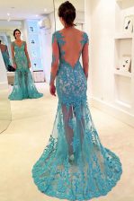 Glittering Mermaid Blue Backless V-neck Lace Prom Dress Lace Long Sleeves Brush Train