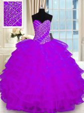 Decent Sleeveless Organza Floor Length Lace Up Quinceanera Gown in Purple with Beading and Ruffled Layers