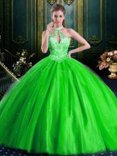 Gorgeous Halter Top Ball Gowns Beading Ball Gown Prom Dress Lace Up Tulle Sleeveless Floor Length