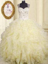 Flare Light Yellow Ball Gowns Organza Straps Sleeveless Beading and Ruffles Floor Length Lace Up Vestidos de Quinceanera