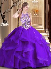 Delicate Scoop Sleeveless Brush Train Lace Up Embroidery Sweet 16 Quinceanera Dress