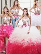 Luxurious Four Piece White and Red Ball Gowns Sweetheart Sleeveless Organza Floor Length Lace Up Beading and Ruffles Sweet 16 Quinceanera Dress