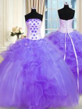  Sleeveless Tulle Floor Length Lace Up Sweet 16 Dress in Lavender with Pick Ups and Hand Made Flower