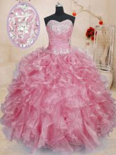  Sleeveless Floor Length Beading and Ruffles Lace Up 15 Quinceanera Dress with Pink