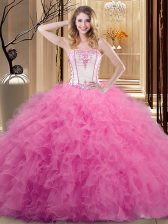  Floor Length Lace Up Sweet 16 Dress Rose Pink for Military Ball and Sweet 16 and Quinceanera with Embroidery