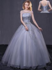 Dynamic Scoop Grey Ball Gowns Beading and Belt 15 Quinceanera Dress Lace Up Tulle Cap Sleeves Floor Length