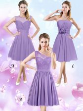 Fashionable Scoop Lavender Sleeveless Knee Length Lace and Ruching and Hand Made Flower Zipper Dama Dress