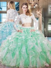  Scoop Apple Green Long Sleeves Floor Length Beading and Lace and Ruffles Zipper Quinceanera Gowns