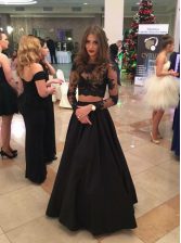 Edgy A-line Dress for Prom Black Scoop Satin Long Sleeves Floor Length Zipper