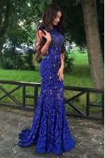 Designer Mermaid Scoop Sleeveless Brush Train Backless With Train Beading and Lace Prom Party Dress