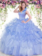 Sexy Beading and Ruffled Layers 15 Quinceanera Dress Blue Backless Sleeveless Floor Length