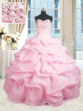 Stylish Pink Vestidos de Quinceanera Military Ball and Sweet 16 and Quinceanera with Beading and Ruffles Sweetheart Sleeveless Lace Up