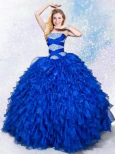  Royal Blue Ball Gowns Organza Strapless Sleeveless Beading and Ruffles Floor Length Lace Up Vestidos de Quinceanera