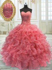  Watermelon Red Organza Lace Up Sweetheart Sleeveless Floor Length Quinceanera Dress Beading and Ruffles