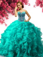  Sleeveless Floor Length Beading and Ruffles Lace Up Quince Ball Gowns with Turquoise