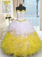  Yellow And White Ball Gowns Beading and Ruffles Quince Ball Gowns Lace Up Organza Sleeveless Floor Length