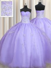  Sleeveless Organza Floor Length Zipper Quince Ball Gowns in Lavender with Beading