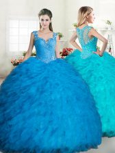 Enchanting Tulle Straps Sleeveless Zipper Beading and Ruffles 15 Quinceanera Dress in Blue