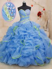 Custom Designed Blue Sleeveless With Train Beading and Ruffles Lace Up Sweet 16 Quinceanera Dress