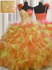  Handcrafted Flower Multi-color Sweet 16 Quinceanera Dress Military Ball and Sweet 16 and Quinceanera with Beading and Ruffles and Hand Made Flower One Shoulder Sleeveless Lace Up
