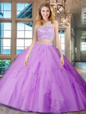  Scoop Backless Lilac Sleeveless Beading and Ruffles Floor Length Quinceanera Gowns