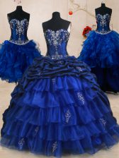 Custom Designed Four Piece Royal Blue Ball Gowns Organza and Taffeta Sweetheart Sleeveless Beading and Ruffled Layers and Pick Ups With Train Lace Up Quinceanera Gowns Brush Train