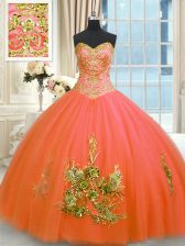  Sleeveless Tulle Floor Length Lace Up 15 Quinceanera Dress in Orange Red with Beading and Appliques and Embroidery