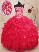 Extravagant Organza Sweetheart Sleeveless Lace Up Beading and Ruffles and Sequins 15th Birthday Dress in Coral Red