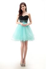 Nice Blue And Black A-line Sweetheart Sleeveless Tulle Mini Length Zipper Lace Prom Gown
