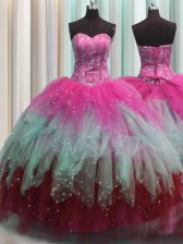 Suitable Visible Boning Multi-color Lace Up Sweetheart Beading and Ruffles and Sequins 15 Quinceanera Dress Tulle Sleeveless