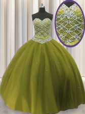  Olive Green Tulle Lace Up Quinceanera Gowns Sleeveless Floor Length Beading