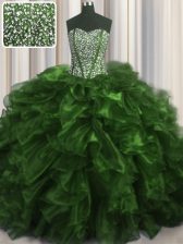 Fabulous Visible Boning Brush Train Ball Gowns Quinceanera Gowns Olive Green Sweetheart Organza Sleeveless With Train Lace Up