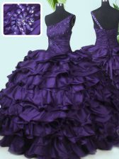 Extravagant Purple Ball Gowns Taffeta One Shoulder Sleeveless Beading and Pick Ups Floor Length Lace Up Quinceanera Gowns