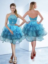  Halter Top Sleeveless Zipper Tea Length Beading and Ruffled Layers Prom Evening Gown