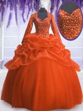 Graceful Sequins Pick Ups Floor Length Orange Red Sweet 16 Dresses V-neck Long Sleeves Zipper