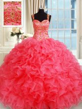Pretty Straps Sleeveless Lace Up Floor Length Beading and Ruffles Quinceanera Dresses