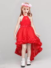  Halter Top Red Sleeveless High Low Appliques and Bowknot Zipper Flower Girl Dresses for Less