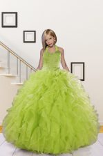 Halter Top Floor Length Olive Green Kids Pageant Dress Organza Sleeveless Beading and Ruffles