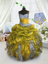  Gold Little Girl Pageant Dress Party and Wedding Party with Beading and Ruffles and Pick Ups Spaghetti Straps Sleeveless Lace Up
