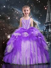 Customized Spaghetti Straps Sleeveless Child Pageant Dress Floor Length Beading and Ruffles Purple Organza