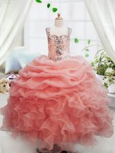  Peach Ball Gowns Beading and Ruffles and Pick Ups Party Dress for Toddlers Zipper Organza Sleeveless Floor Length