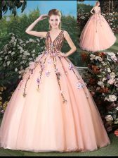  Sleeveless Tulle With Brush Train Lace Up Sweet 16 Dress in Peach with Appliques