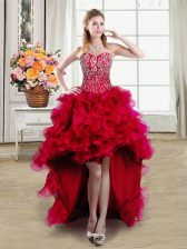 Top Selling Red Sweetheart Lace Up Beading and Ruffles Prom Party Dress Sleeveless